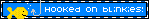 the words "hooked on blinkies" with a pixelated drawing of a fish with a fish hook in its mouth on the left