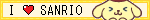 the words "i (heart) sanrio" in all caps. there is a gif of pompompurin on its right. he has his eyes closed, and is clapping while smiling