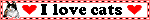 the words "i love cats" with a red heart on each side and a pixelated picture of a cat on the left