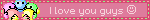 the words "i love you guys" with a smiley emoticon. on its left is a group of 5 smiley emojis of different colours hugging eachother